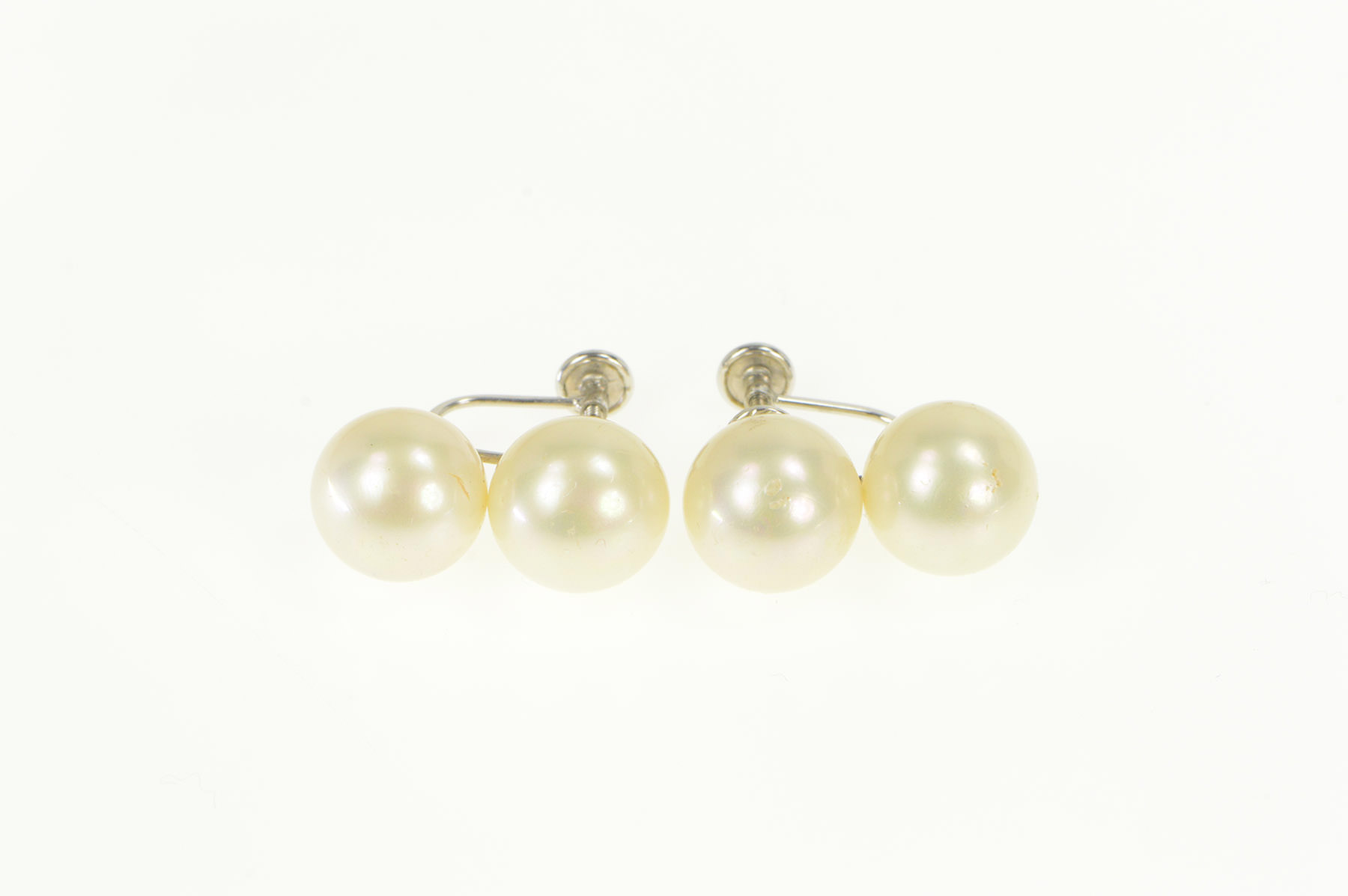 10K 1950's Two Pearl Ornate Screw Back White Gold Earrings