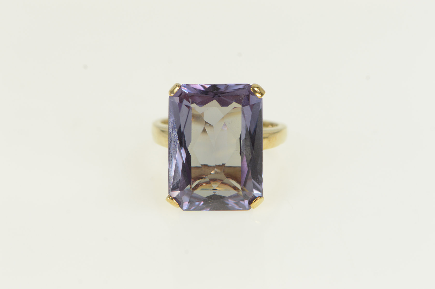 10K 1960's Radiant Cut Amethyst Solitaire Yellow Gold Ring, Size 6.5