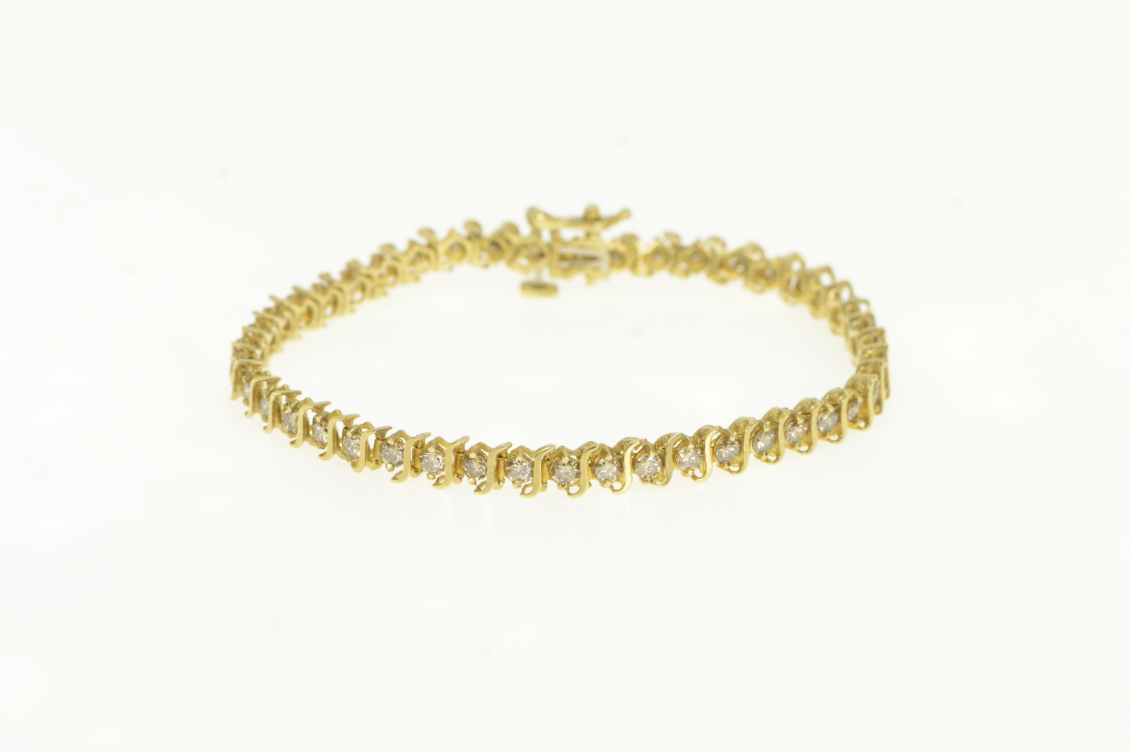 10K 2.00 Ctw Wavy Link Diamond Classic Tennis Yellow Gold Bracelet 7"
