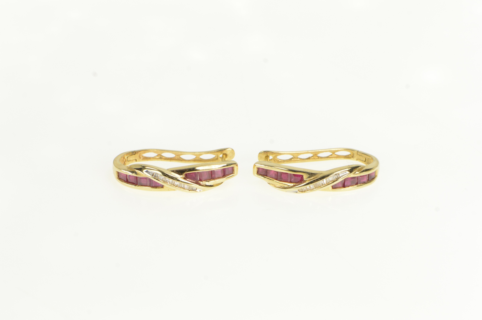 10K 2.20 Ctw Natural Ruby Diamond Oval Hoop Yellow Gold Earrings