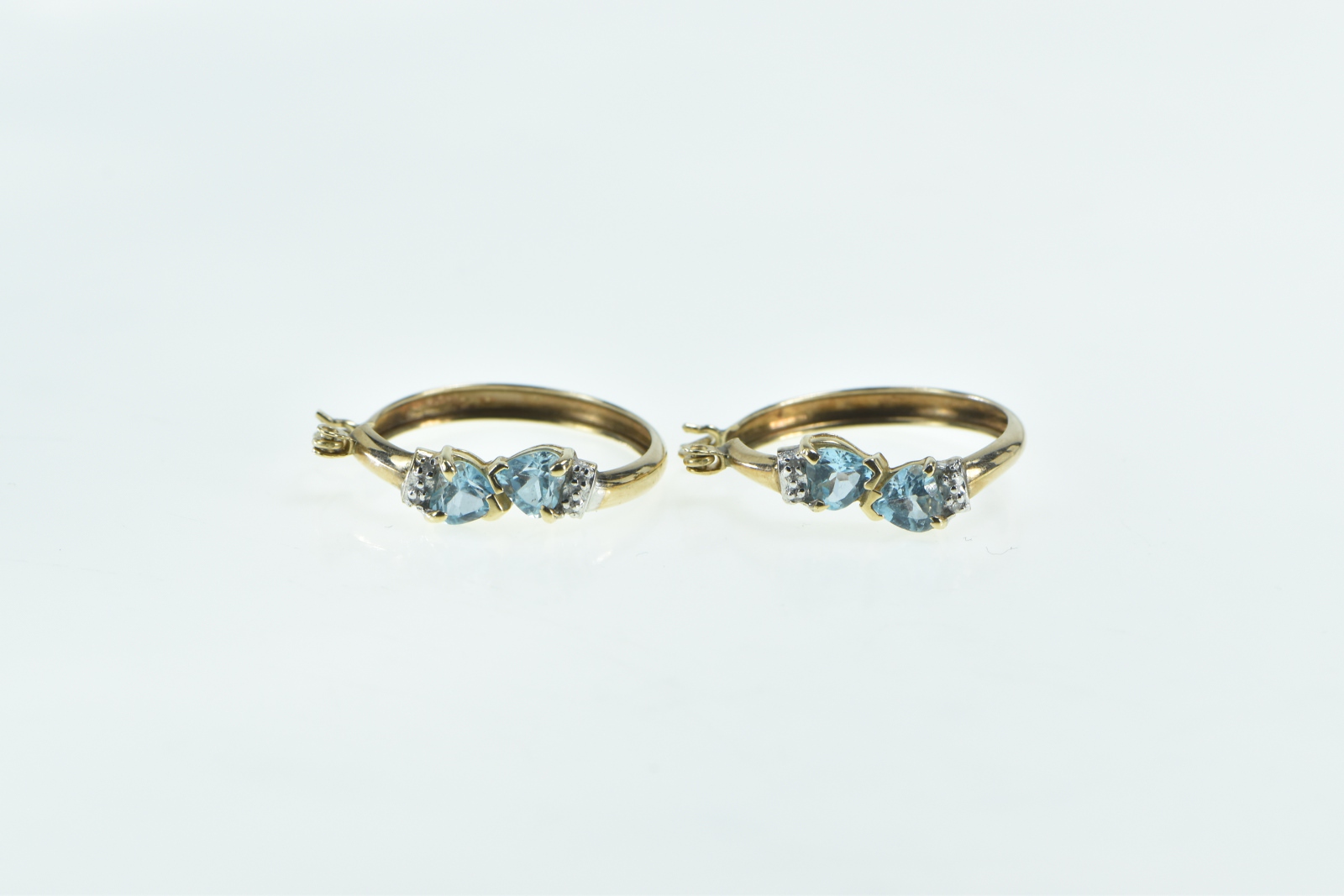 10K 24.5mm Heart Cut Blue Topaz Diamond Hoop Yellow Gold Earrings
