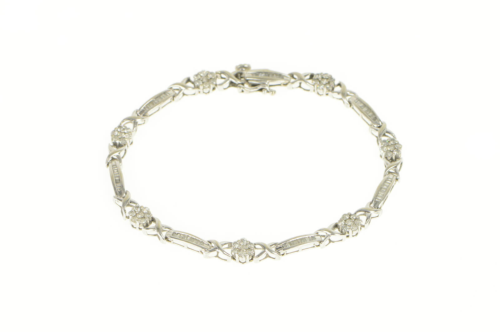 10K 2.50 Ctw Diamond Flower Cluster Bar Tennis White Gold Bracelet 8"