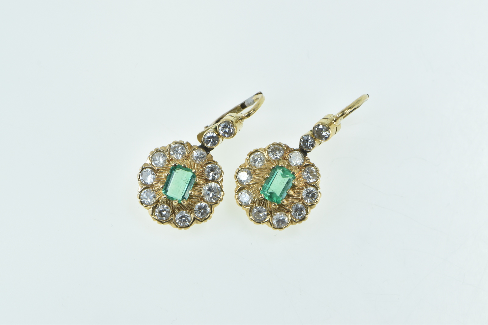 10K 2.98 Ctw Emerald Diamond Halo Dangle Yellow Gold Earrings