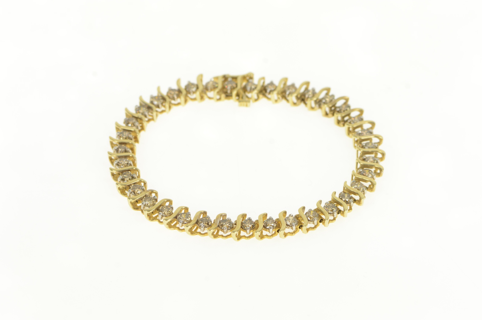 10K 3.50 Ctw Cognac Diamond Wavy Link Tennis Yellow Gold Bracelet 7"