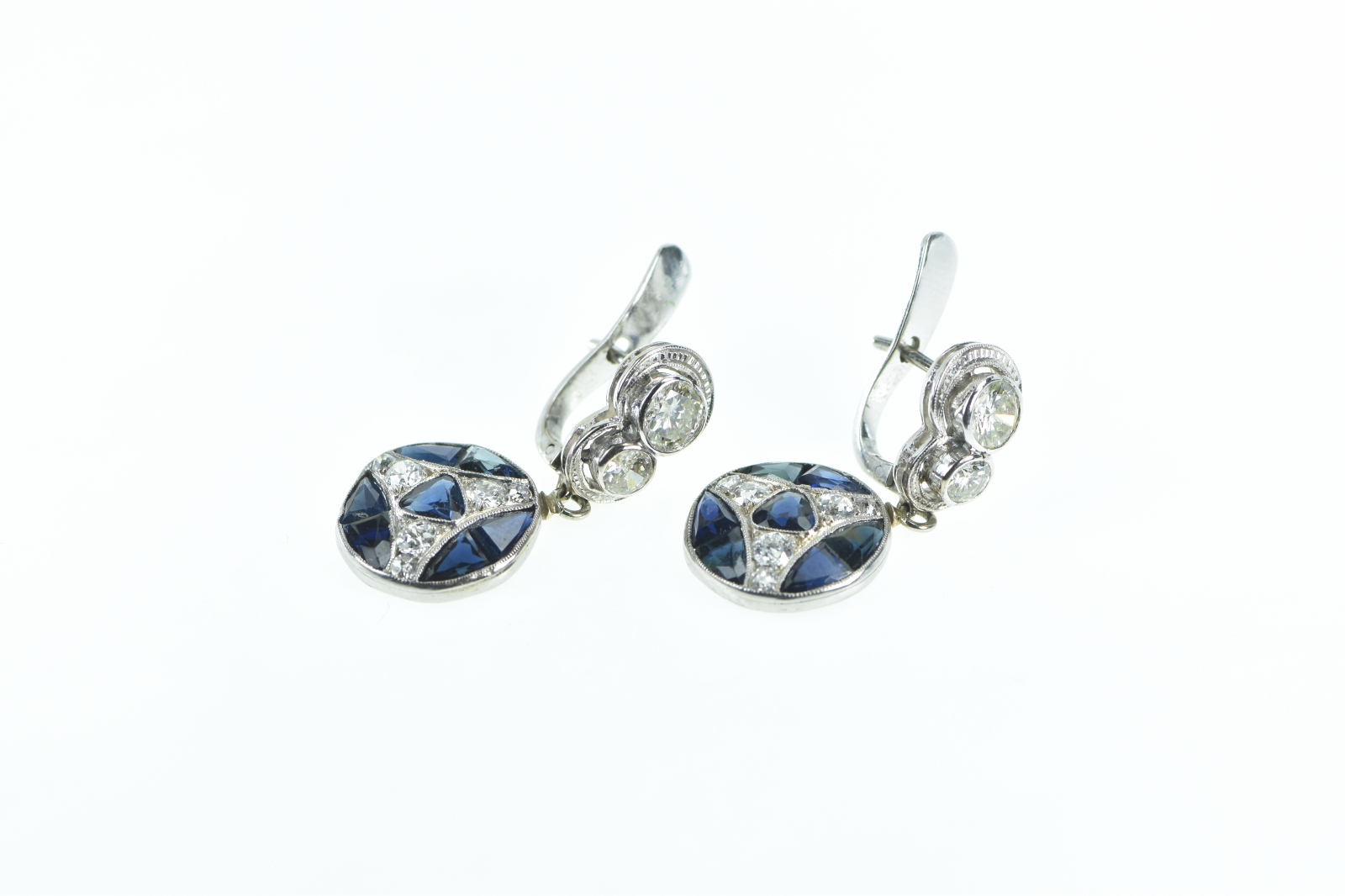 10K 3.60 Ctw Diamond Sapphire Art Deco Plat White Gold Earrings