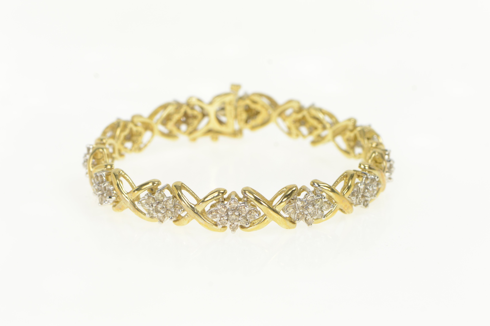 10K 4.00 Ctw Diamond Cluster X Link Tennis Yellow Gold Bracelet 7"