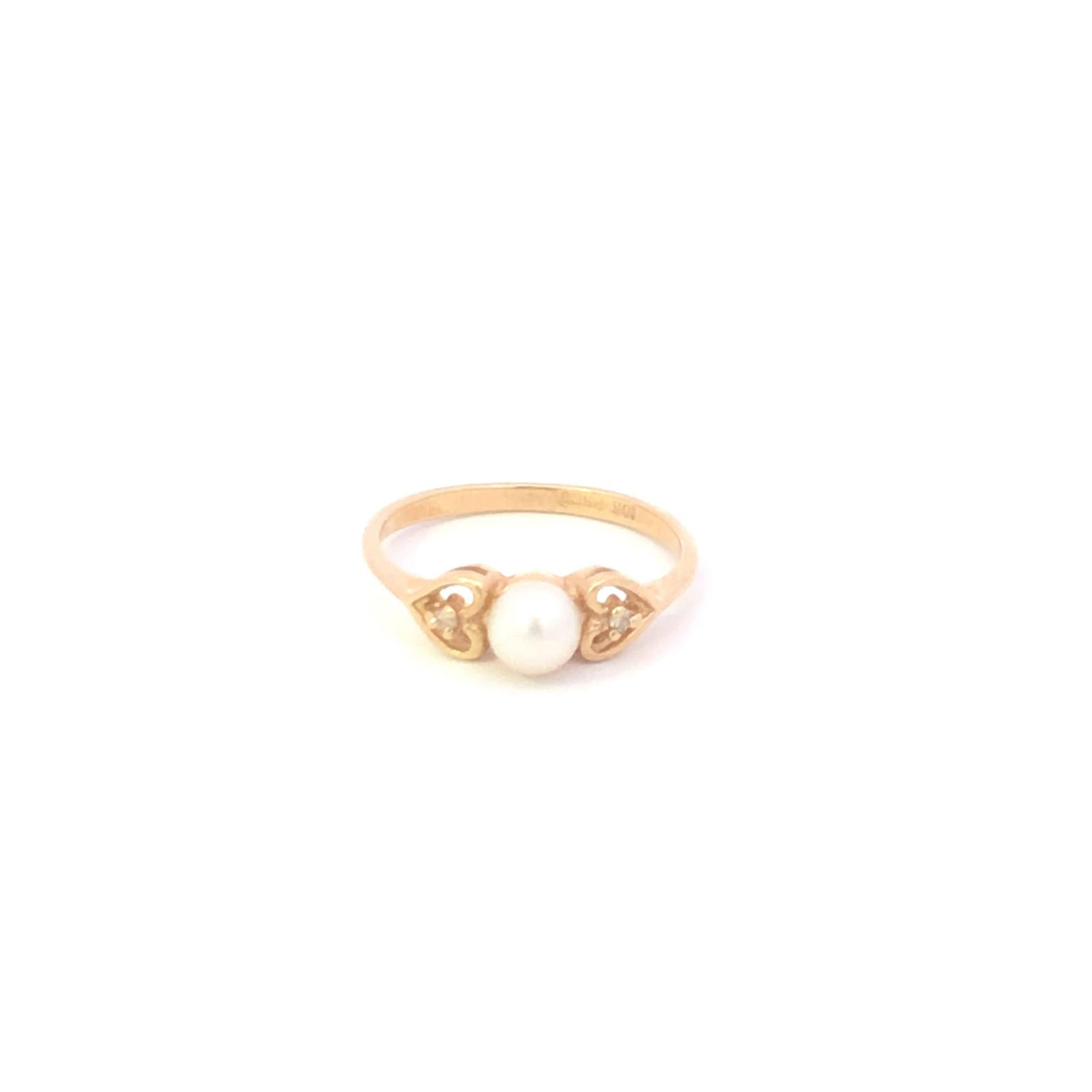 10K 5.0mm Vintage Pearl Diamond Heart Accent Yellow Gold Ring, Size 6
