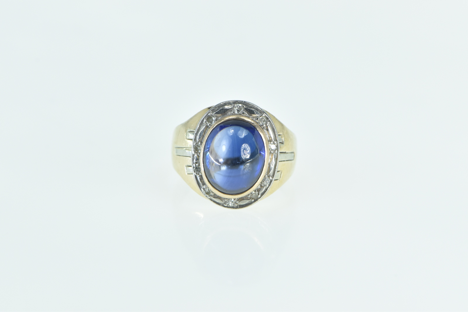 10K 6.75 Ctw Oval Syn. Spinel Diamond Halo Retro Yellow Gold Ring, Size 4.3