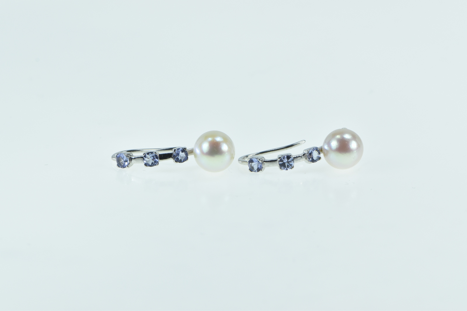 10K 8.3mm Pearl Tanzanite Hook Dangle Statement White Gold Earrings