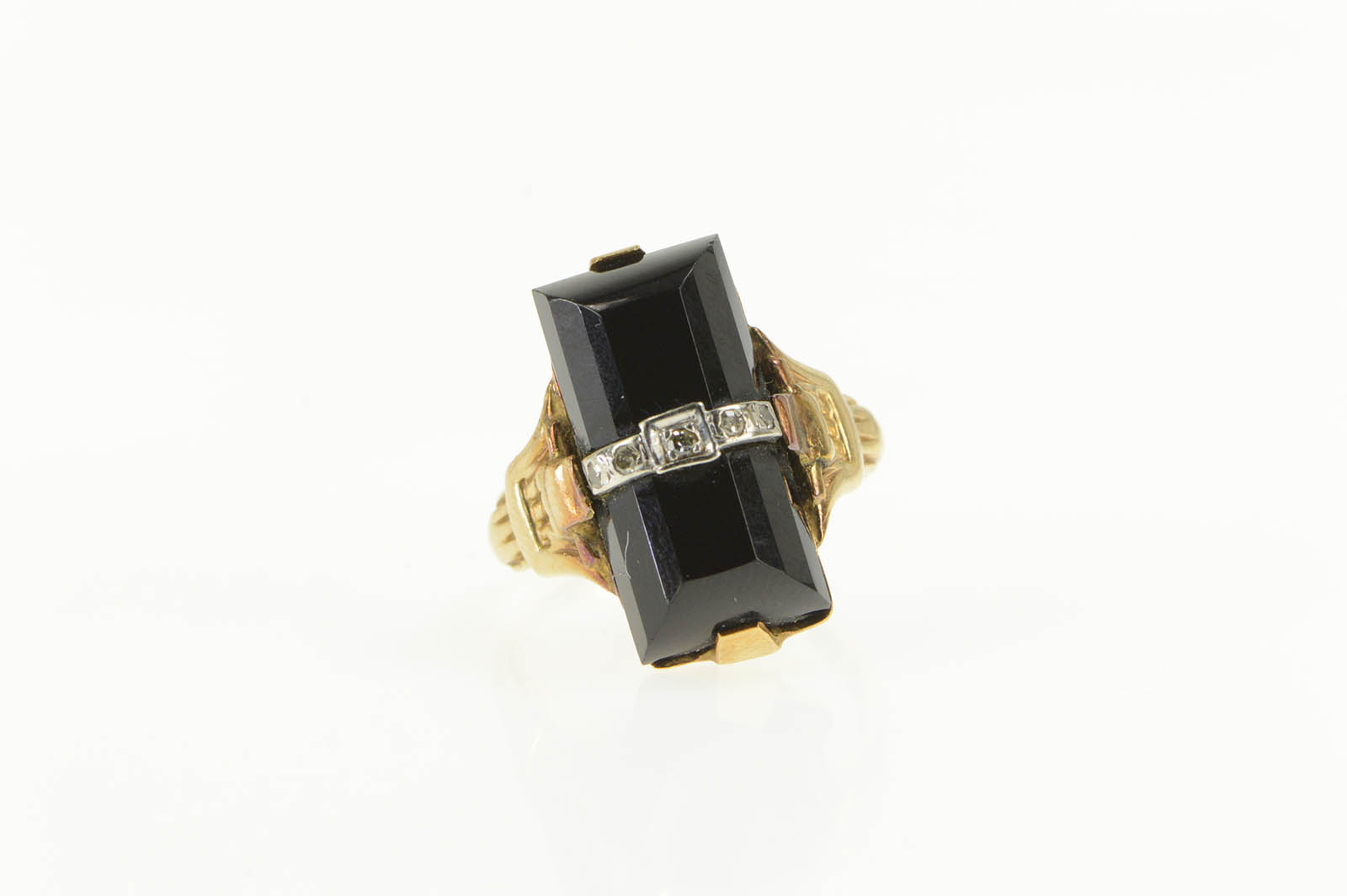 10K Art Deco Black Onyx Diamond Ornate Statement Yellow Gold Ring, Size 5.25