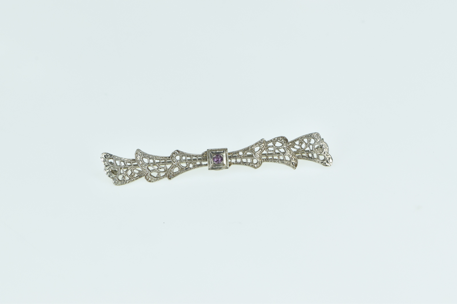 10K Art Deco Filigree Pink Topaz Ornate Bow White Gold Pin/Brooch