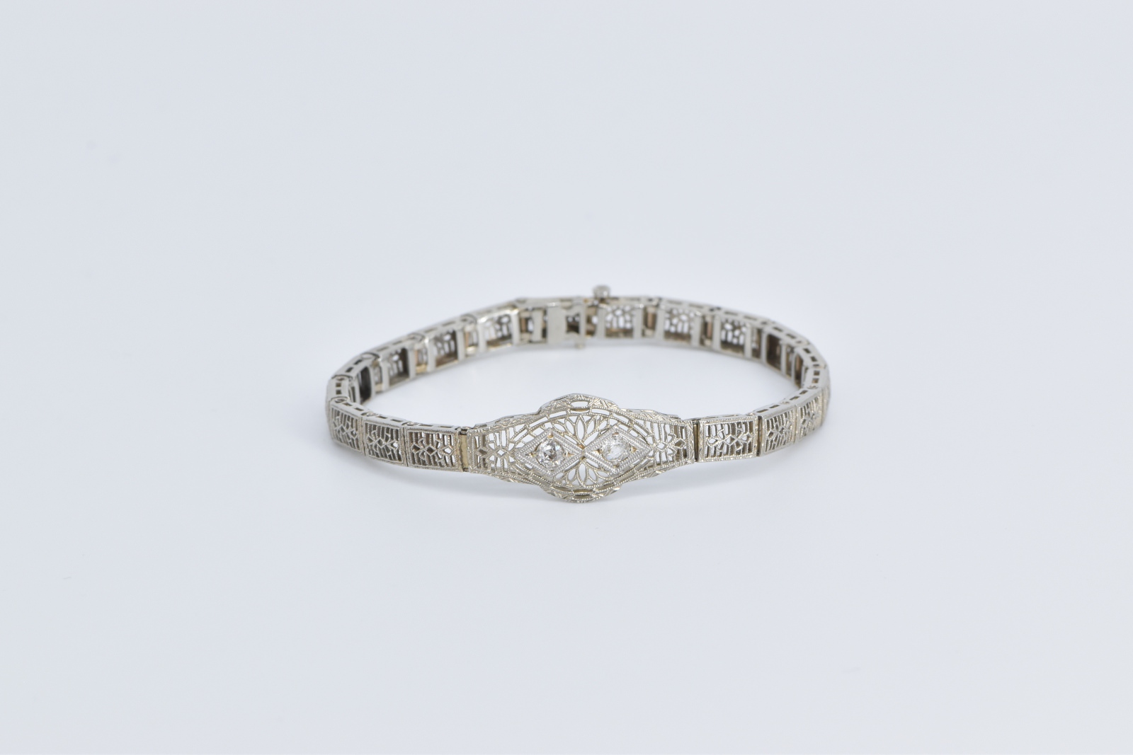 10K Art Deco Natural Diamond Filigree Statement White Gold Bracelet 5.5"