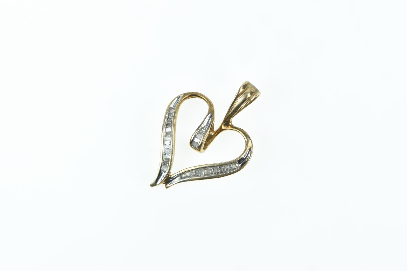 10K Baguette Diamond Curvy Heart Love Yellow Gold Pendant