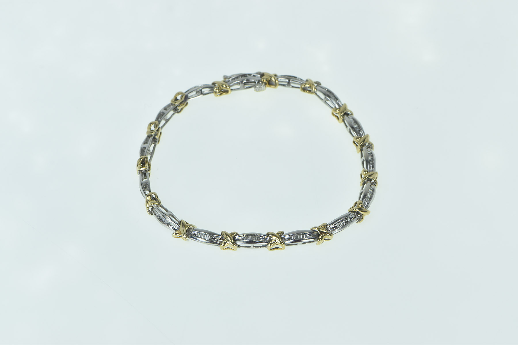 10K Baguette Diamond Two Tone Bar Link Tennis White Gold Bracelet 6.75"