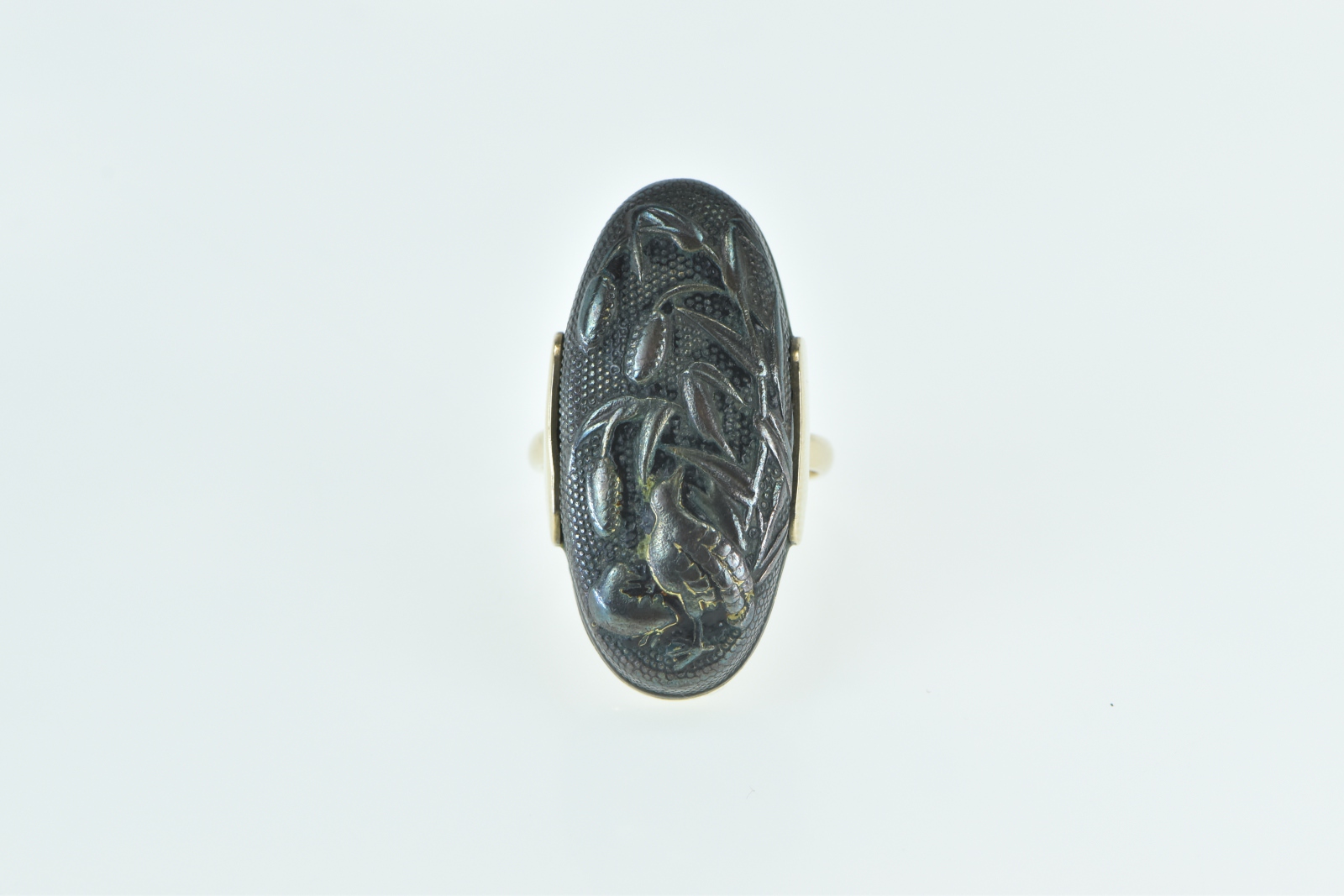 10K Bronze Quail Cattail Scene Domed Statement Yellow Gold Ring, Size 7.75