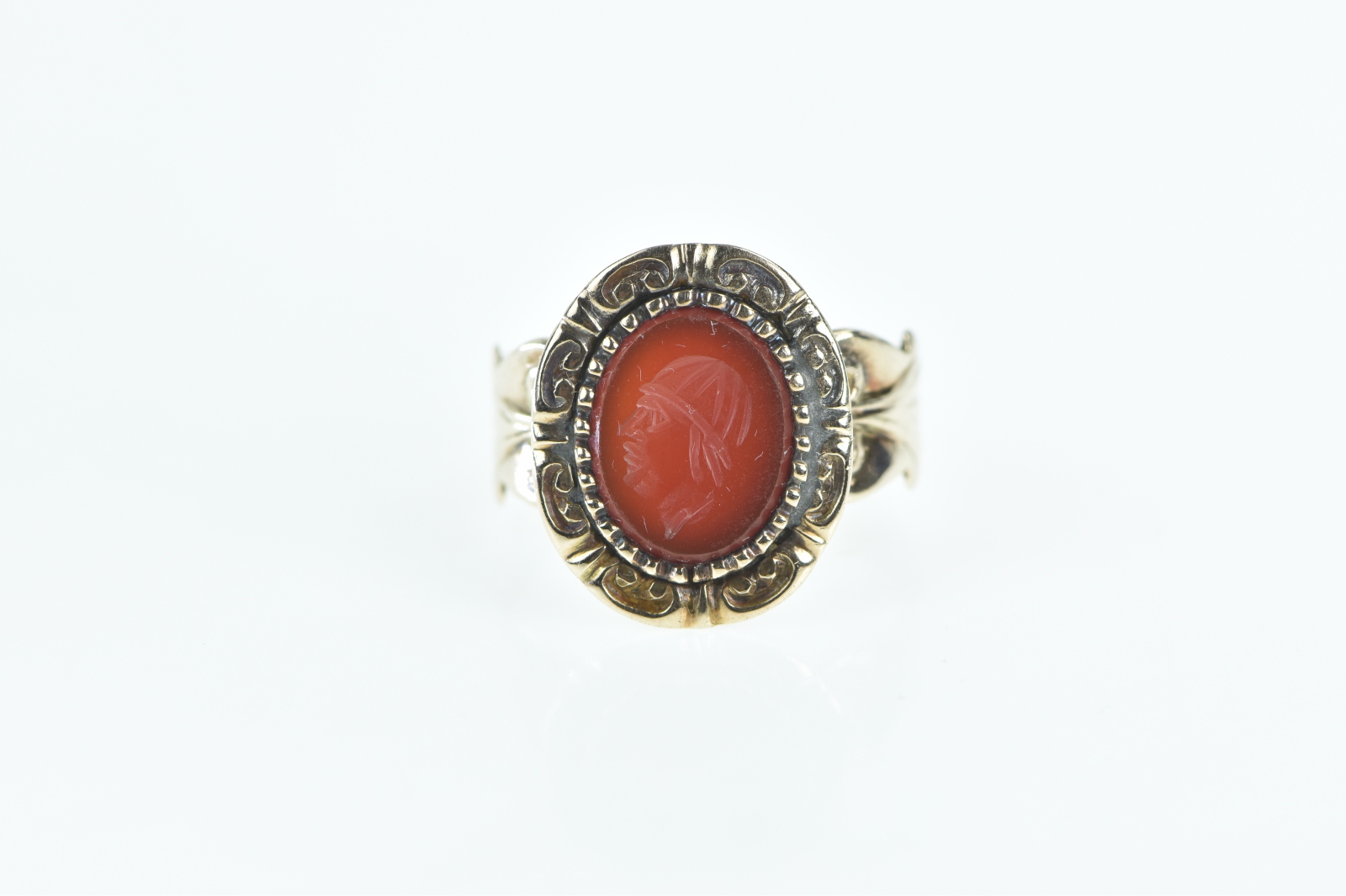 10K Carved Carnelian Intaglio Victorian Yellow Gold Ring, Size 7