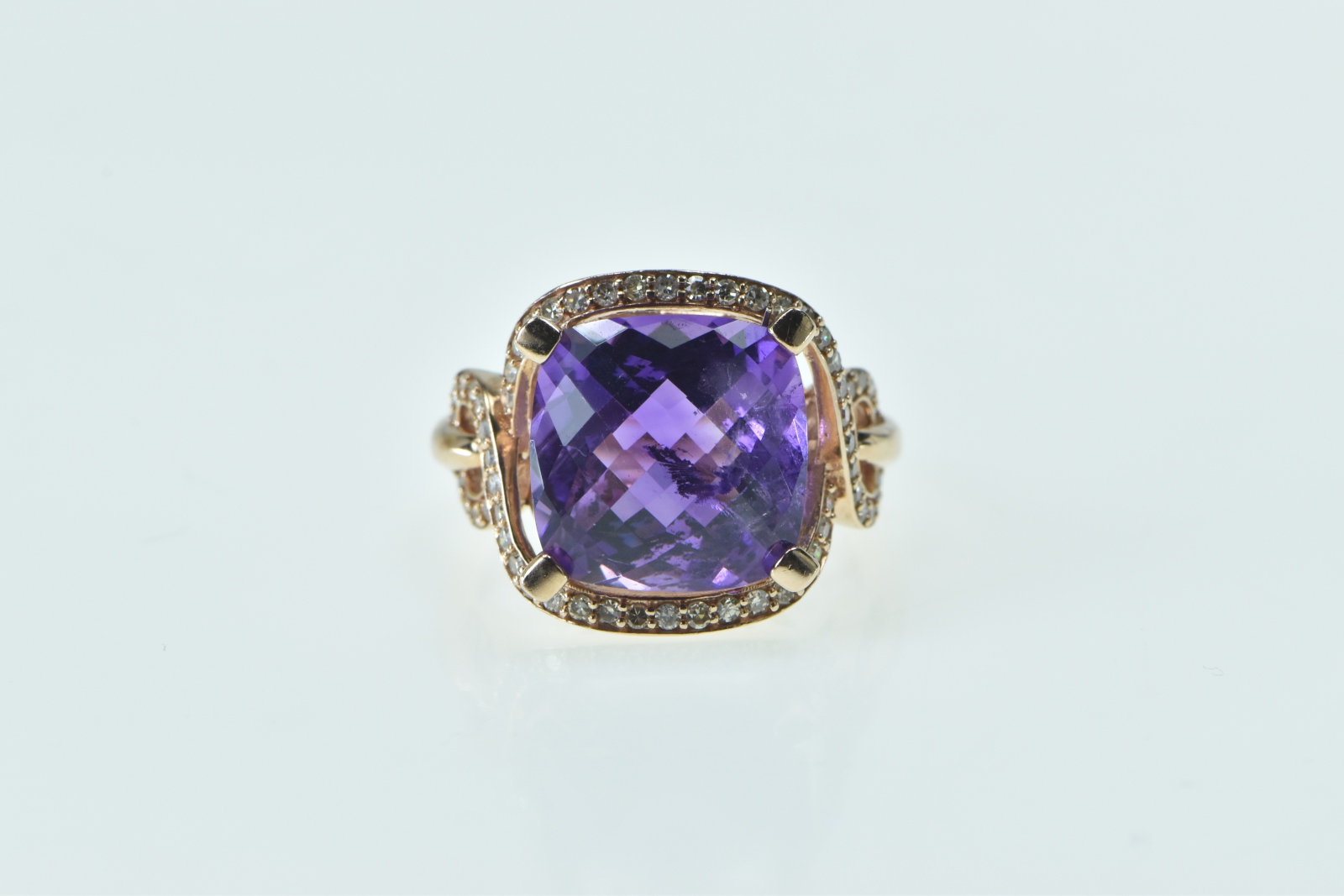 10K Cushion Amethyst Diamond Halo Twist Statement Rose Gold Ring, Size 7.25