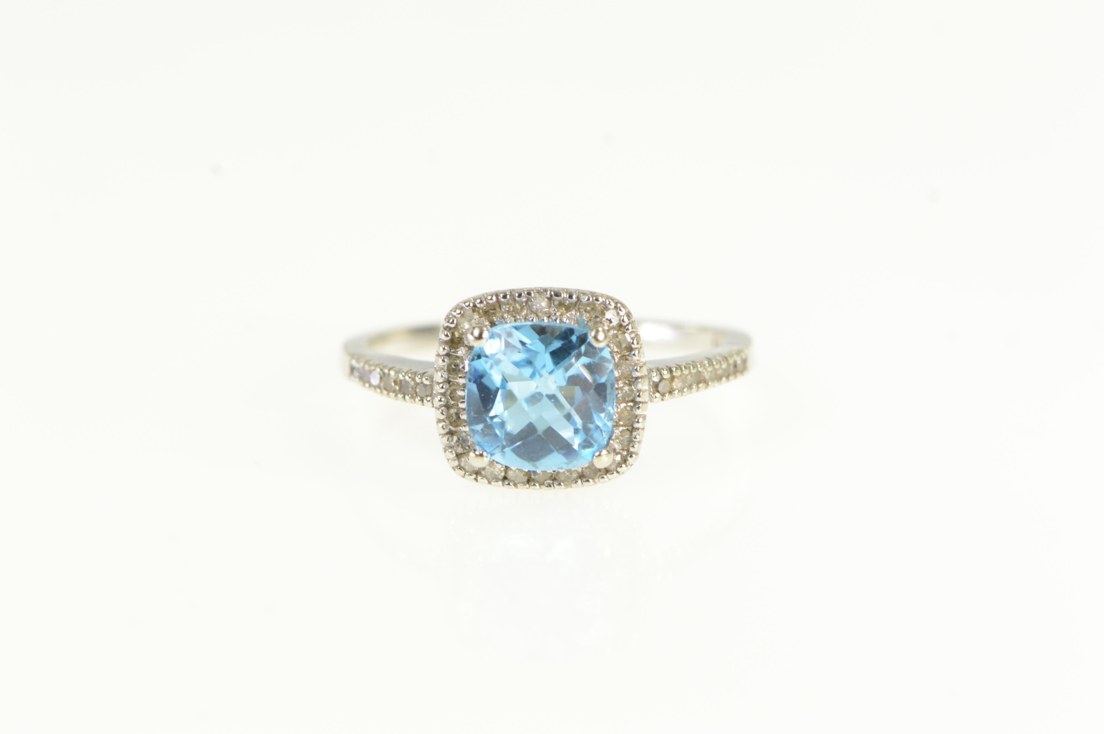 10K Cushion Blue Topaz Diamond Halo White Gold Ring, Size 6.25