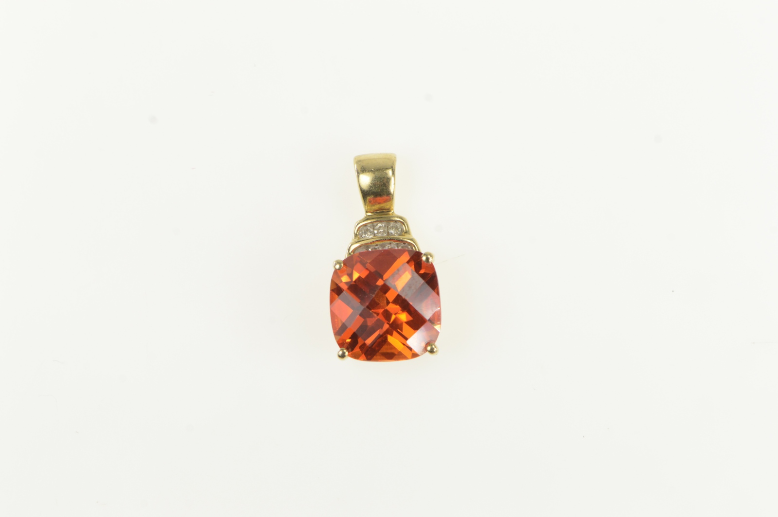 10K Cushion Syn. Spessartine Diamond Yellow Gold Pendant