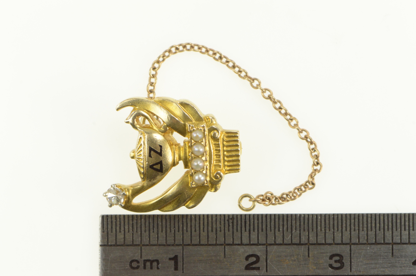 10K Delta Zeta Seed 1940's Greek Lapel Pearl CZ Yellow Gold Pin/Brooch