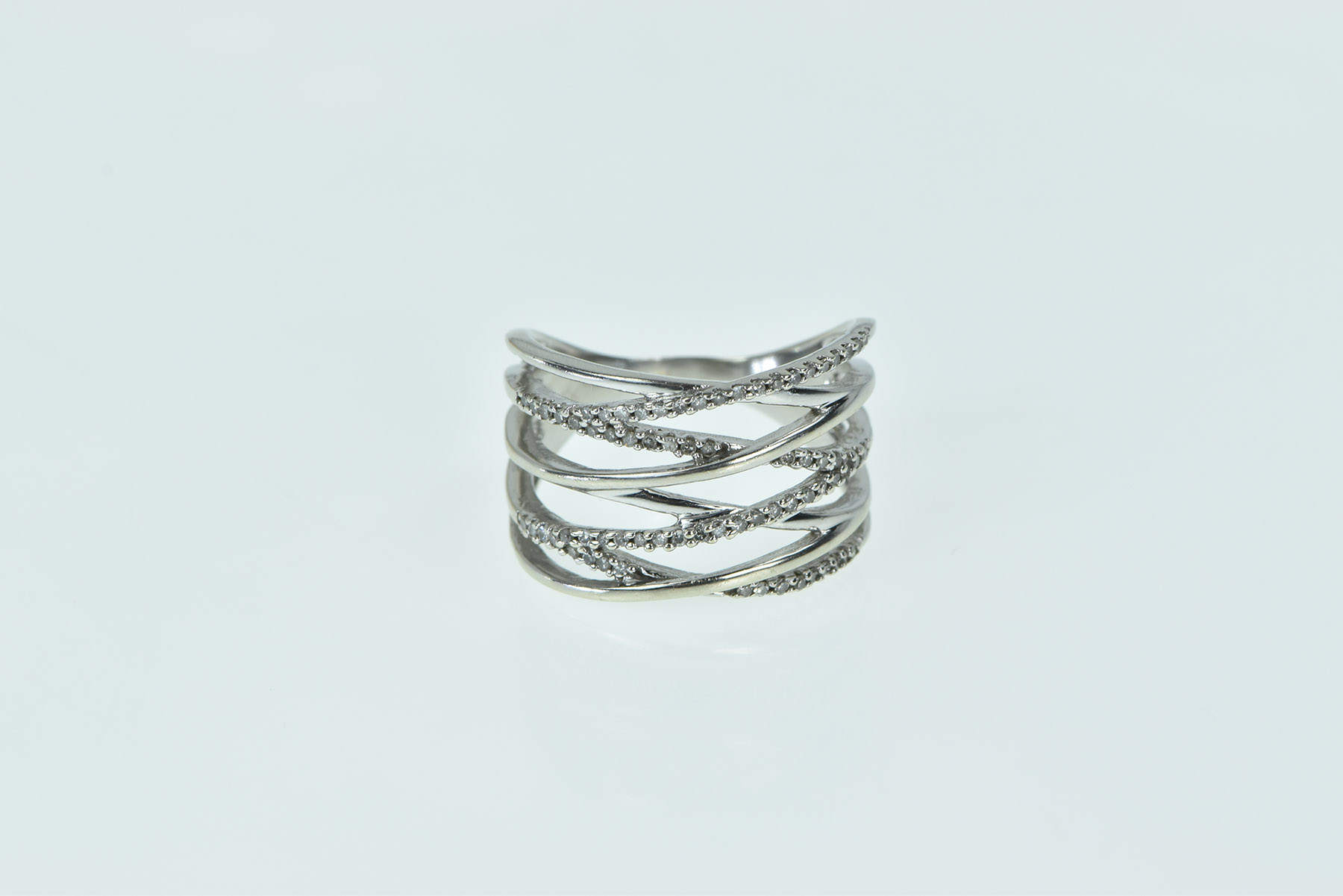 10K Diamond Inset Layered Wavy Statement White Gold Ring, Size 8.25