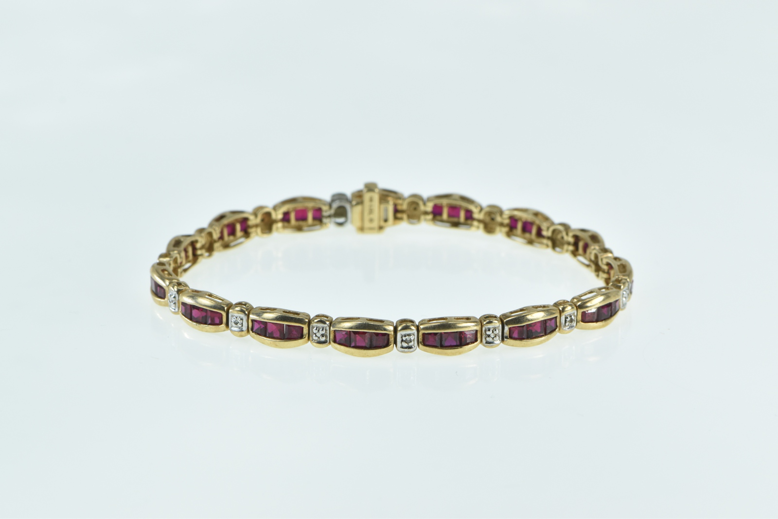 10K Diamond Syn. Princess Ruby Curved Bar Link Yellow Gold Bracelet 6.75"