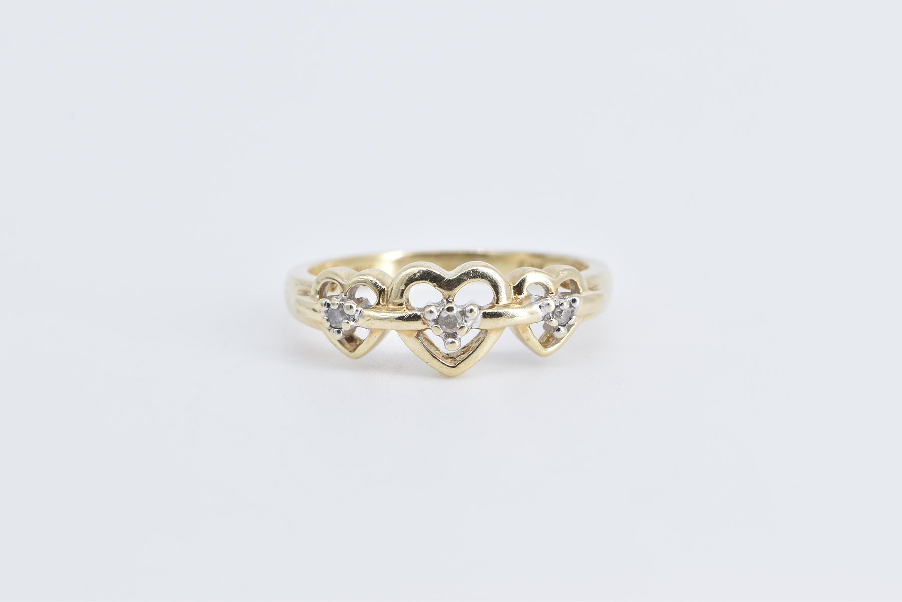 10K Diamond Three Heart Love Symbol Promise Yellow Gold Ring, Size 7