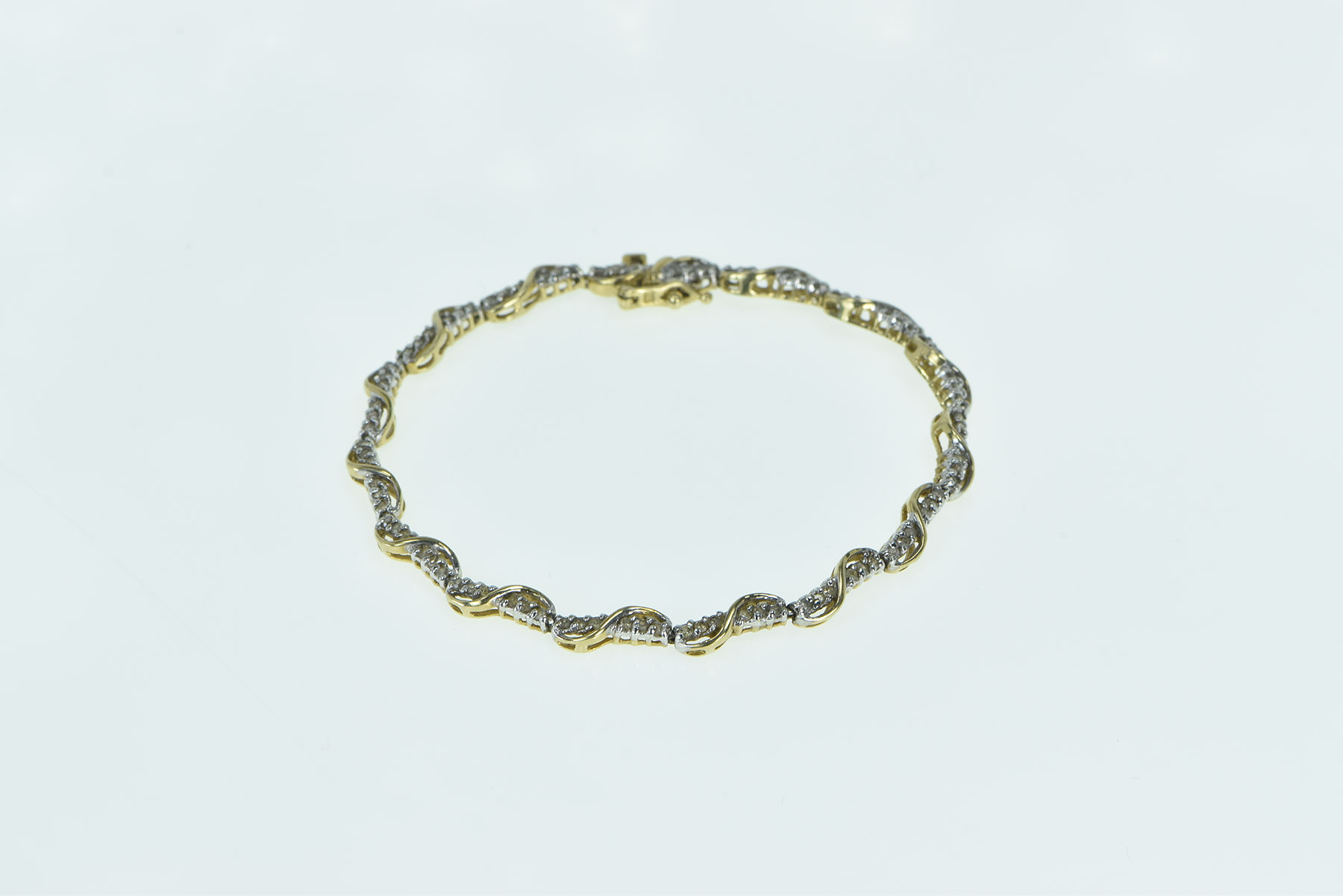 10K Diamond Vintage Wavy Twist Pattern Tennis Yellow Gold Bracelet 6.75"