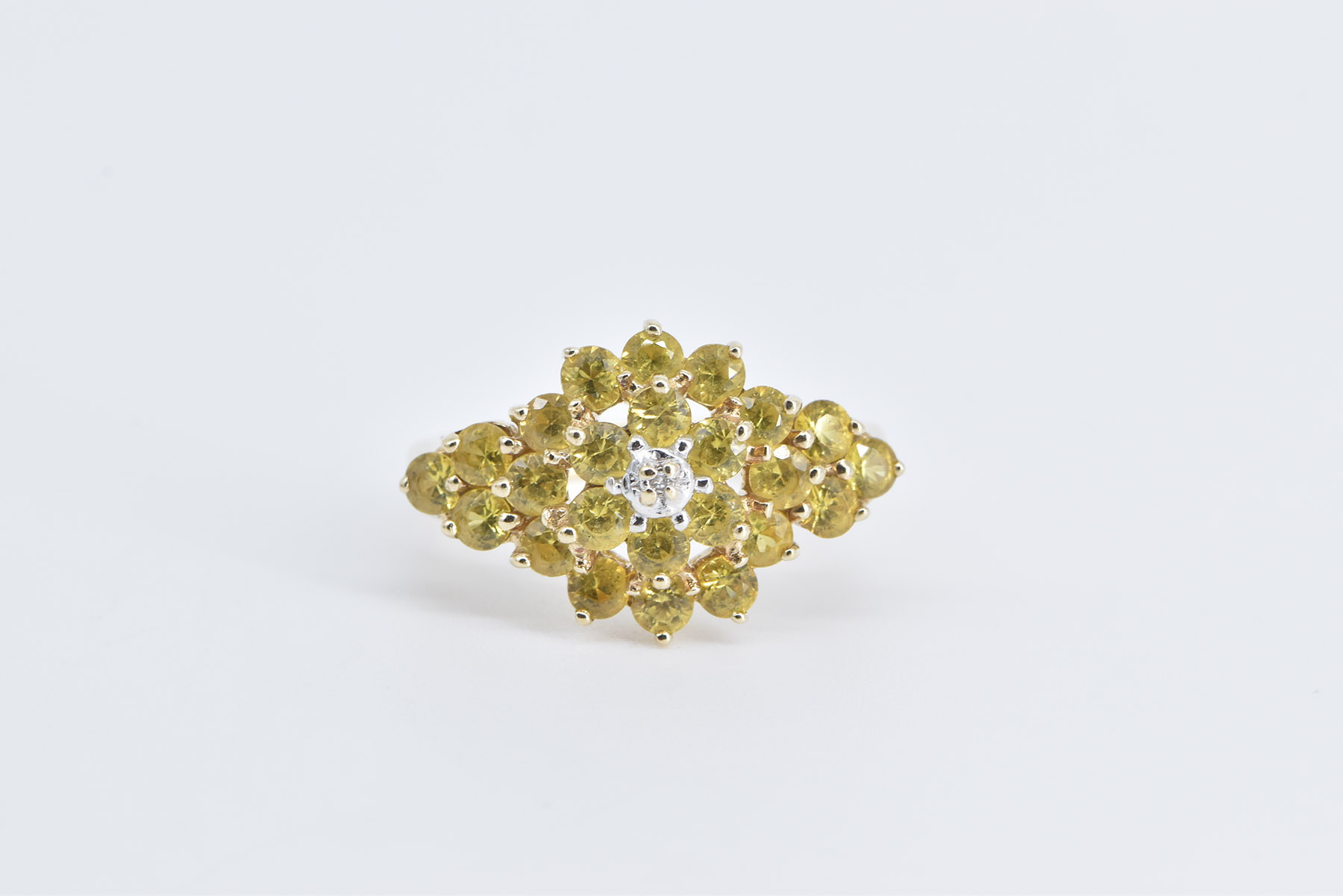 10K Diamond Yellow Sapphire Cluster Statement Yellow Gold Ring, Size 7