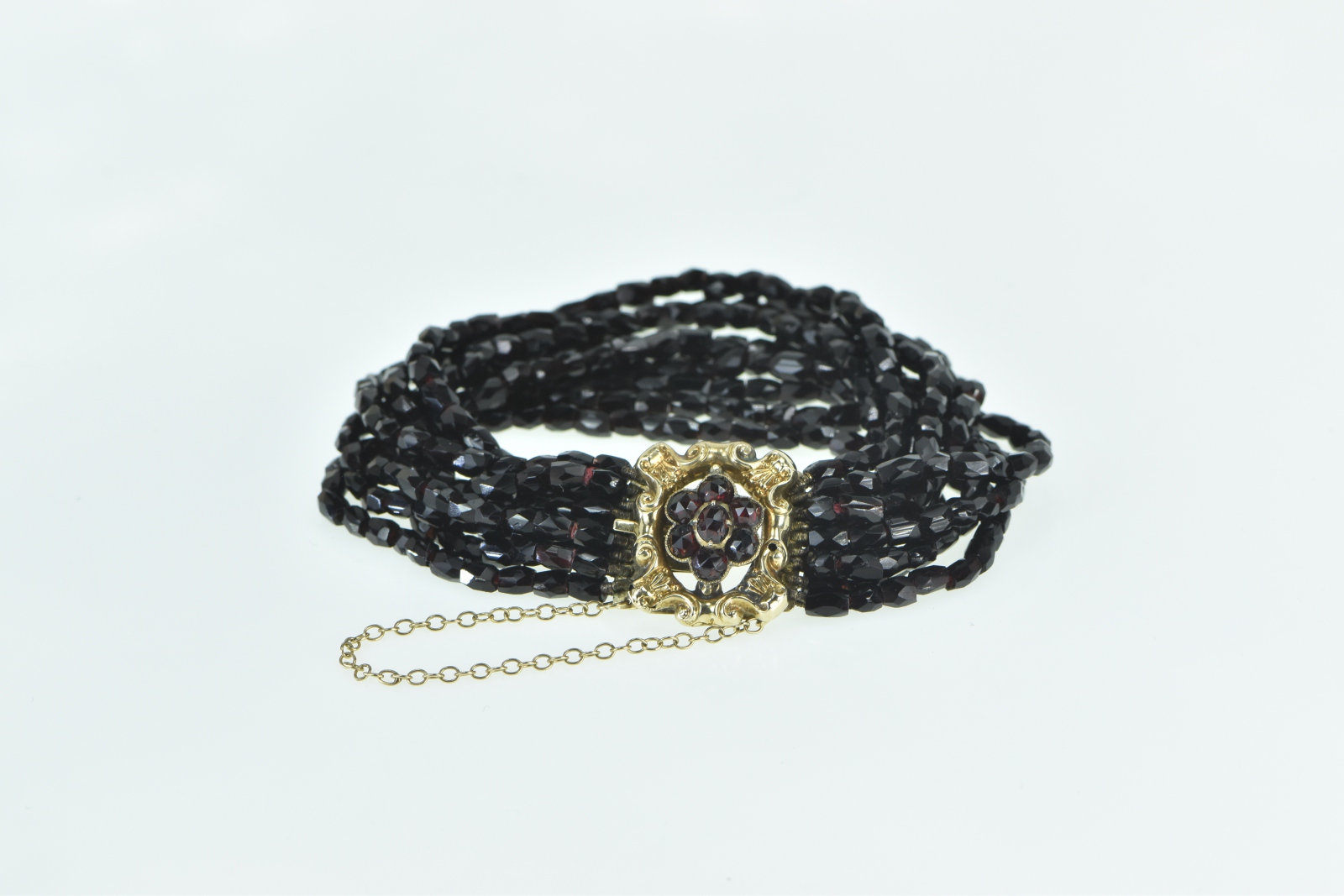 10K Elaborate Victorian Layered Garnet Box Clasp Yellow Gold Bracelet 6"