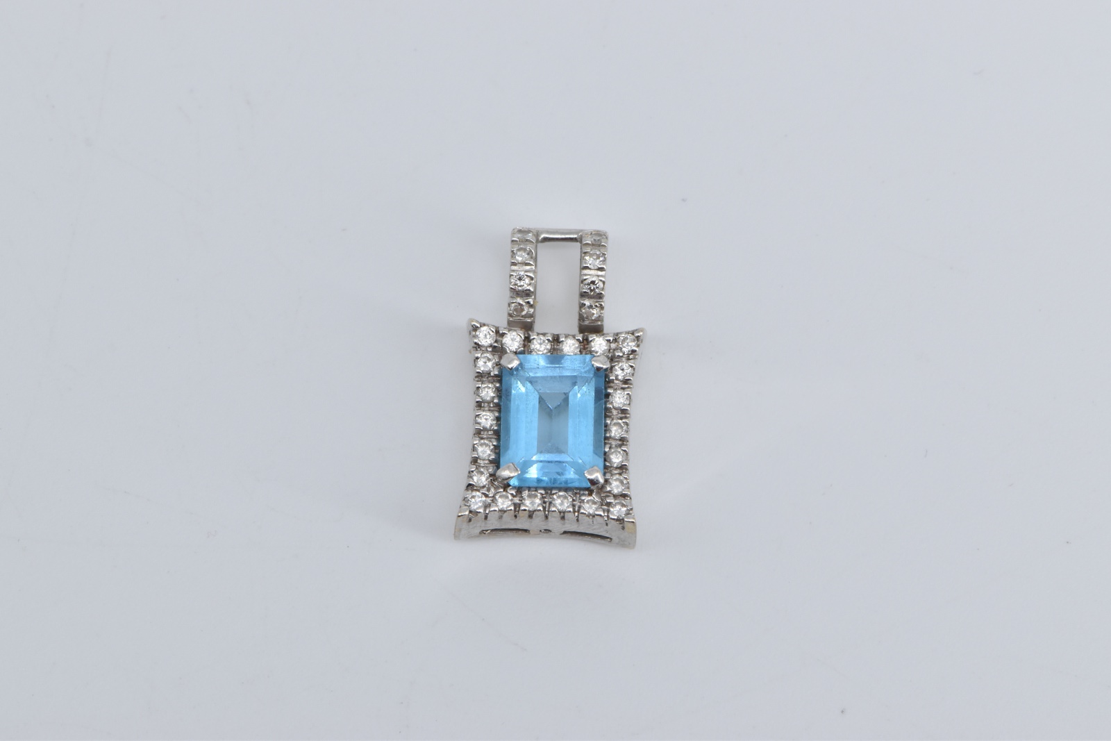 10K Emerald Cut Blue Topaz Diamond Halo Squared White Gold Pendant