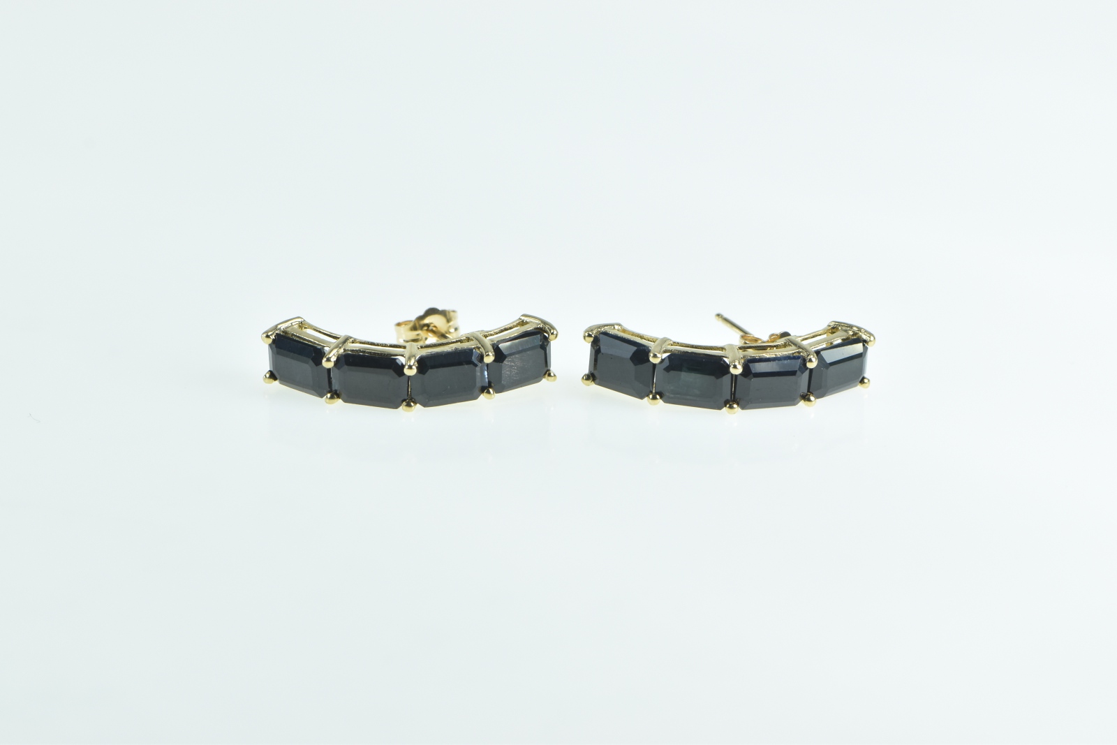 10K Emerald Cut Sapphire Curved Bar Drop Yellow Gold Earrings
