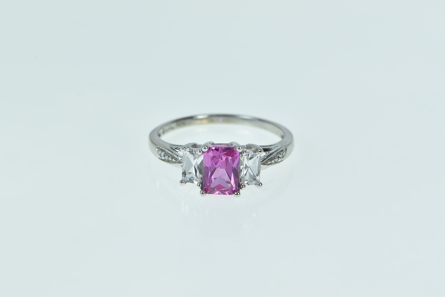10K Emerald Cut Syn. Pink Sapphire CZ Diamond White Gold Ring, Size 8