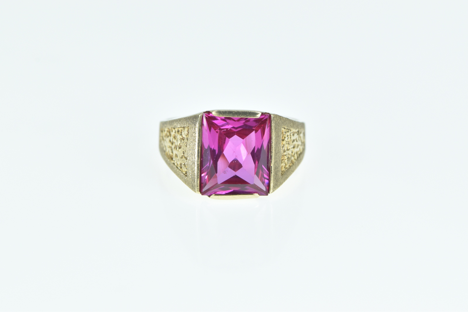10K Emerald Cut Syn. Pink Sapphire Squared Yellow Gold Ring, Size 5.5