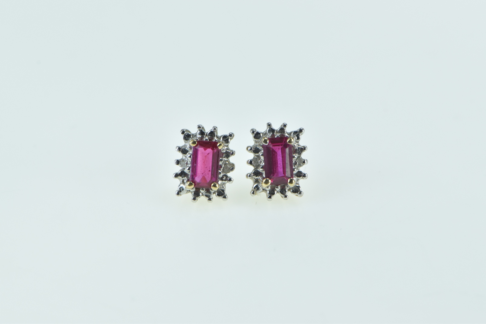10K Emerald Cut Syn. Ruby Diamond Vintage Stud Yellow Gold Earrings