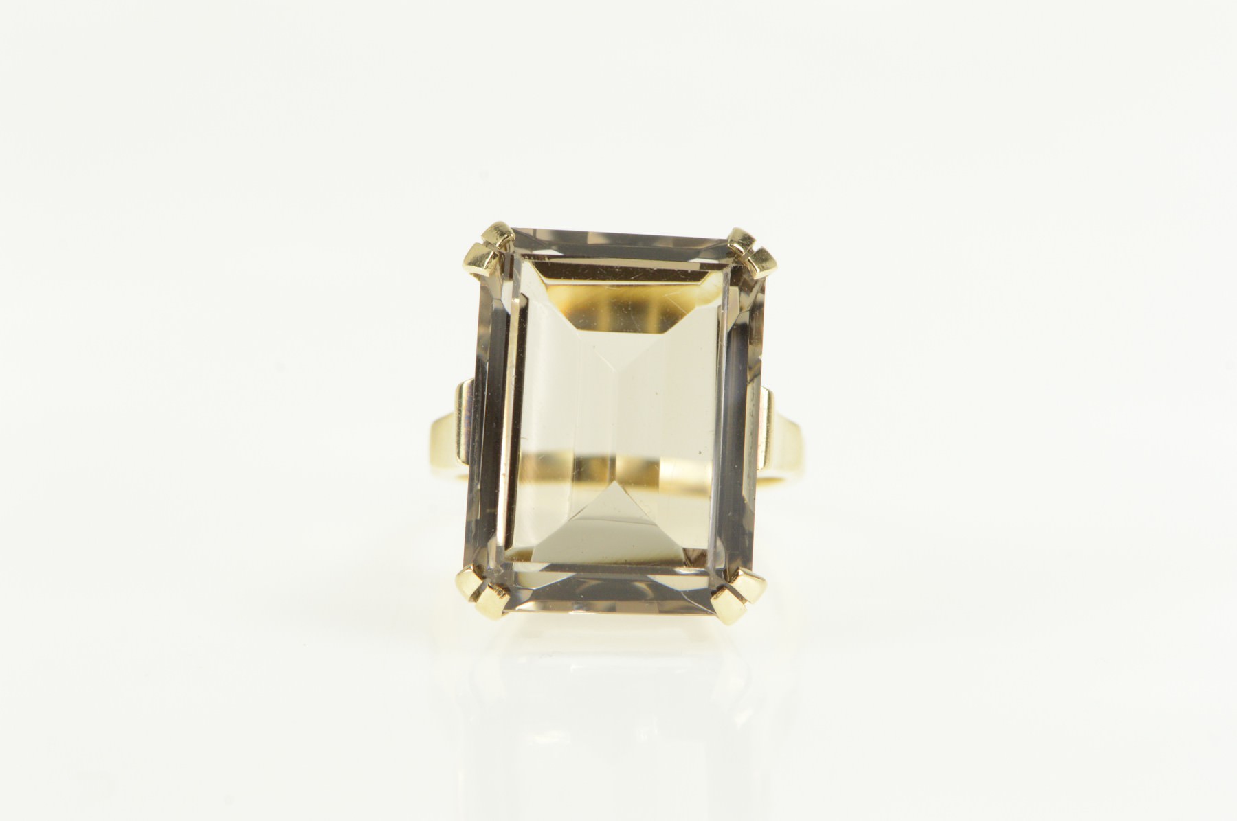 10K Emerald Cut Syn. Smoky Quartz Cocktail Yellow Gold Ring, Size 7.5