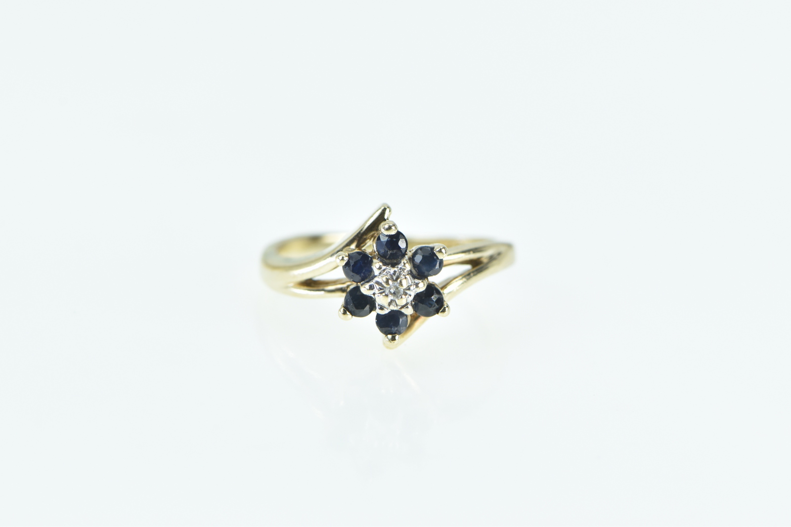 10K Flower Sapphire Diamond Vintage Cluster Bypass Yellow Gold Ring, Size 3.5