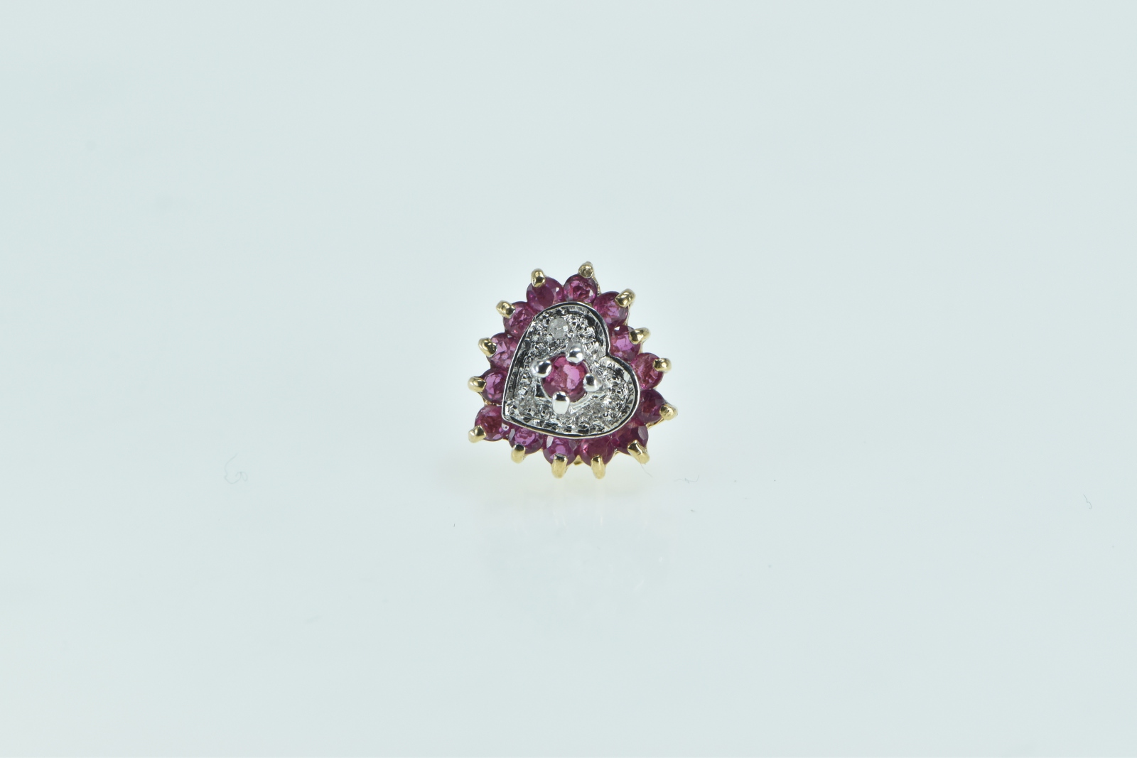 10K Heart Ruby Diamond Halo Single Stud Yellow Gold Earring
