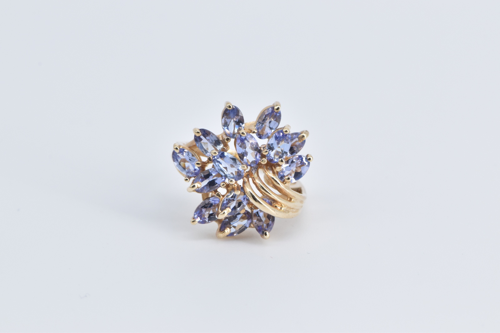 10K Marquise Oval Sapphire Cluster Statement Yellow Gold Ring, Size 6.25