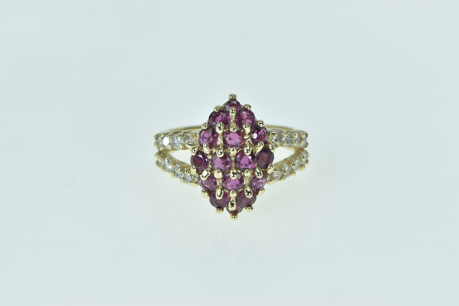 10K Marquise Ruby Cluster Diamond Statement Yellow Gold Ring, Size 6