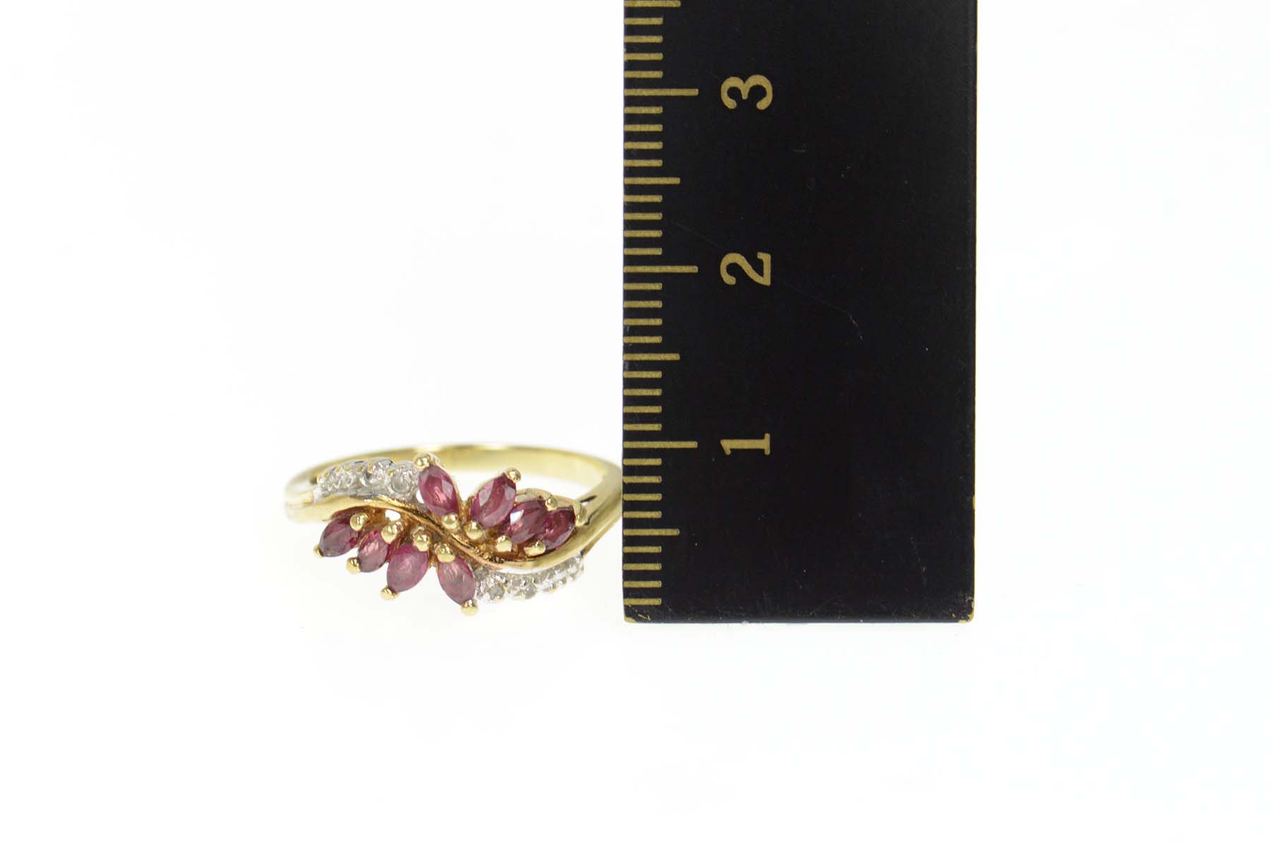 10K Marquise Ruby Diamond Accent Wavy Bypass Yellow Gold Ring, Size 6. ...