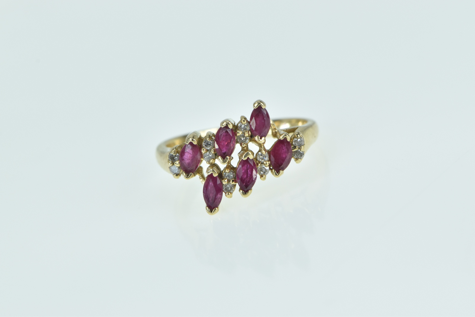 10K Marquise Ruby Vintage Diamond Slanted Yellow Gold Ring, Size 7