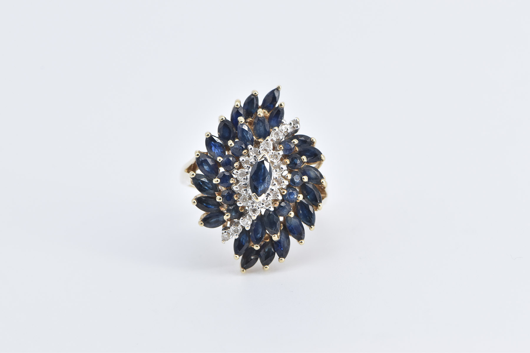 10K Marquise Sapphire Diamond Swirl Cluster Yellow Gold Ring, Size 7