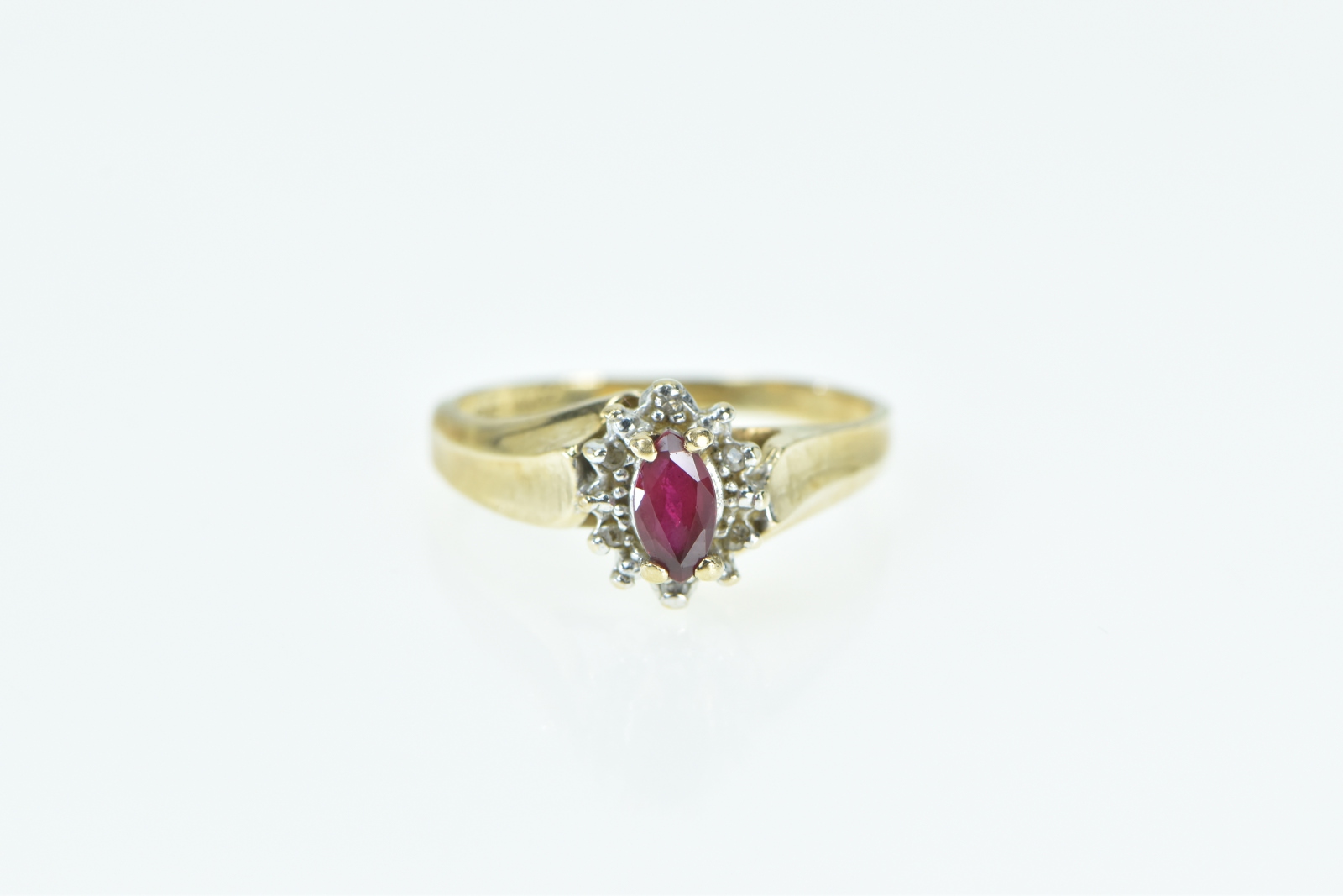 10K Marquise Syn. Ruby Diamond Halo Classic Vintage Yellow Gold Ring, Size 6