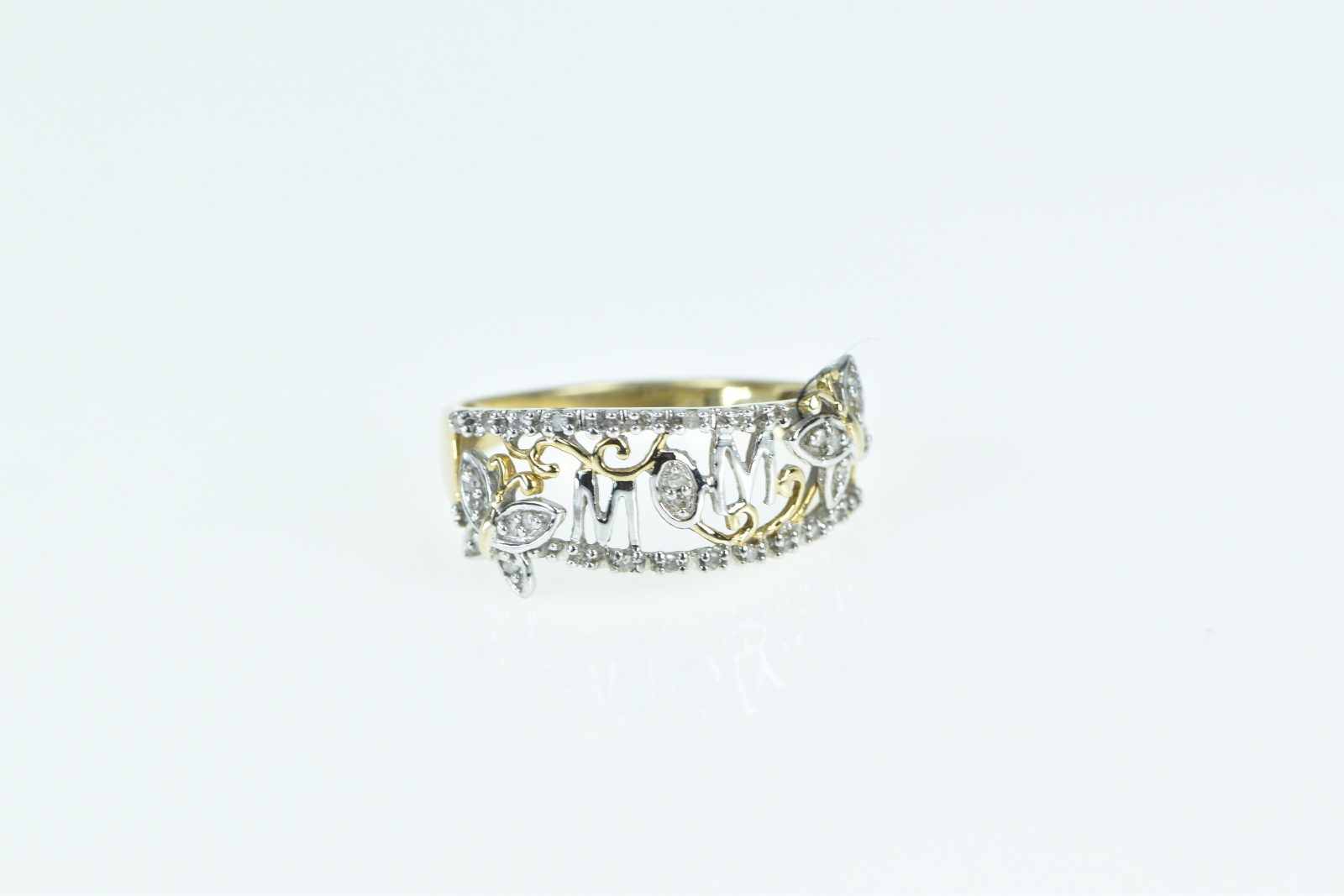 10K Mom Diamond Encrusted Butterfly Band Yellow Gold Ring, Size 7