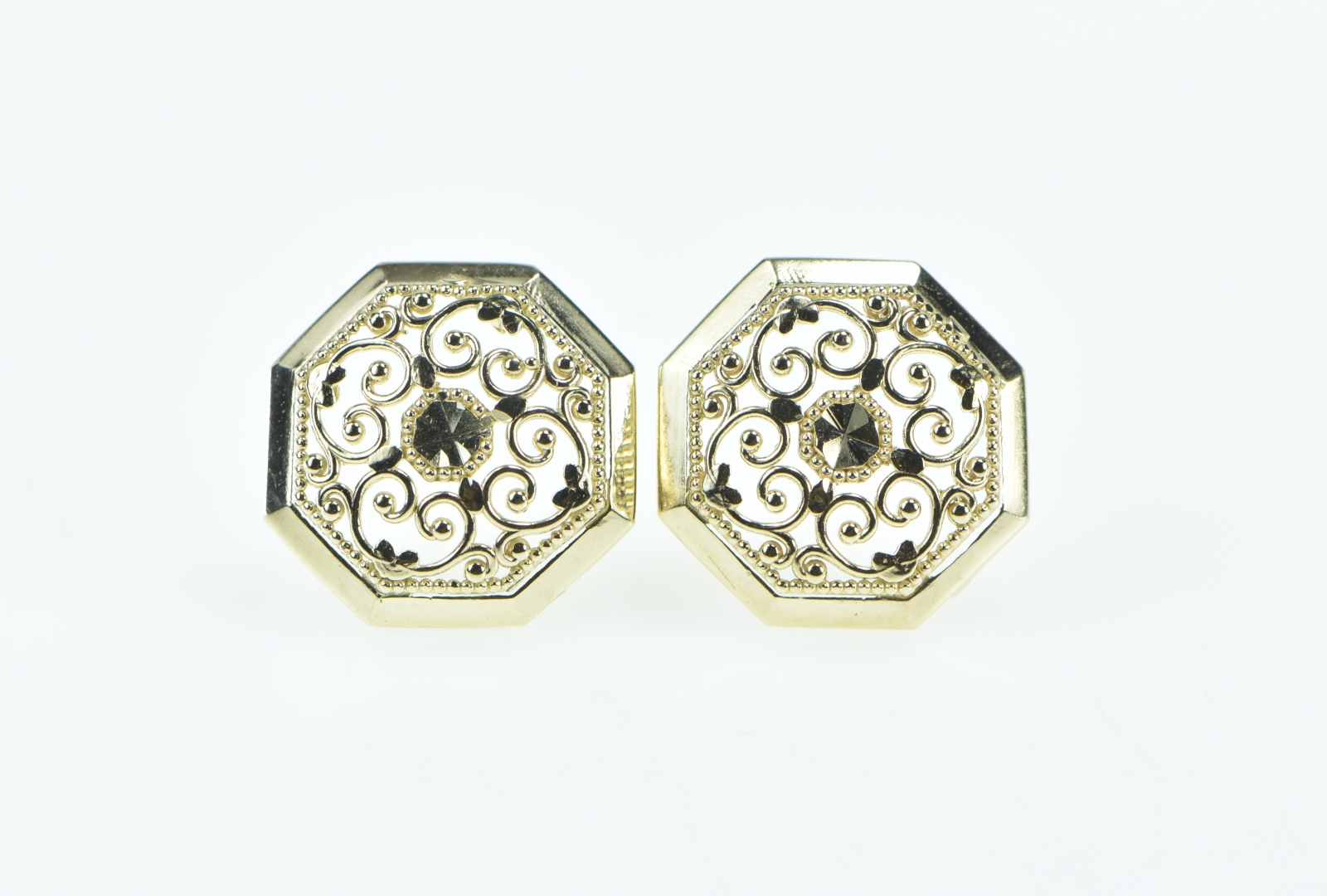 10K Octagon Vintage Filigree Ornate Statement Stud Yellow Gold Earrings