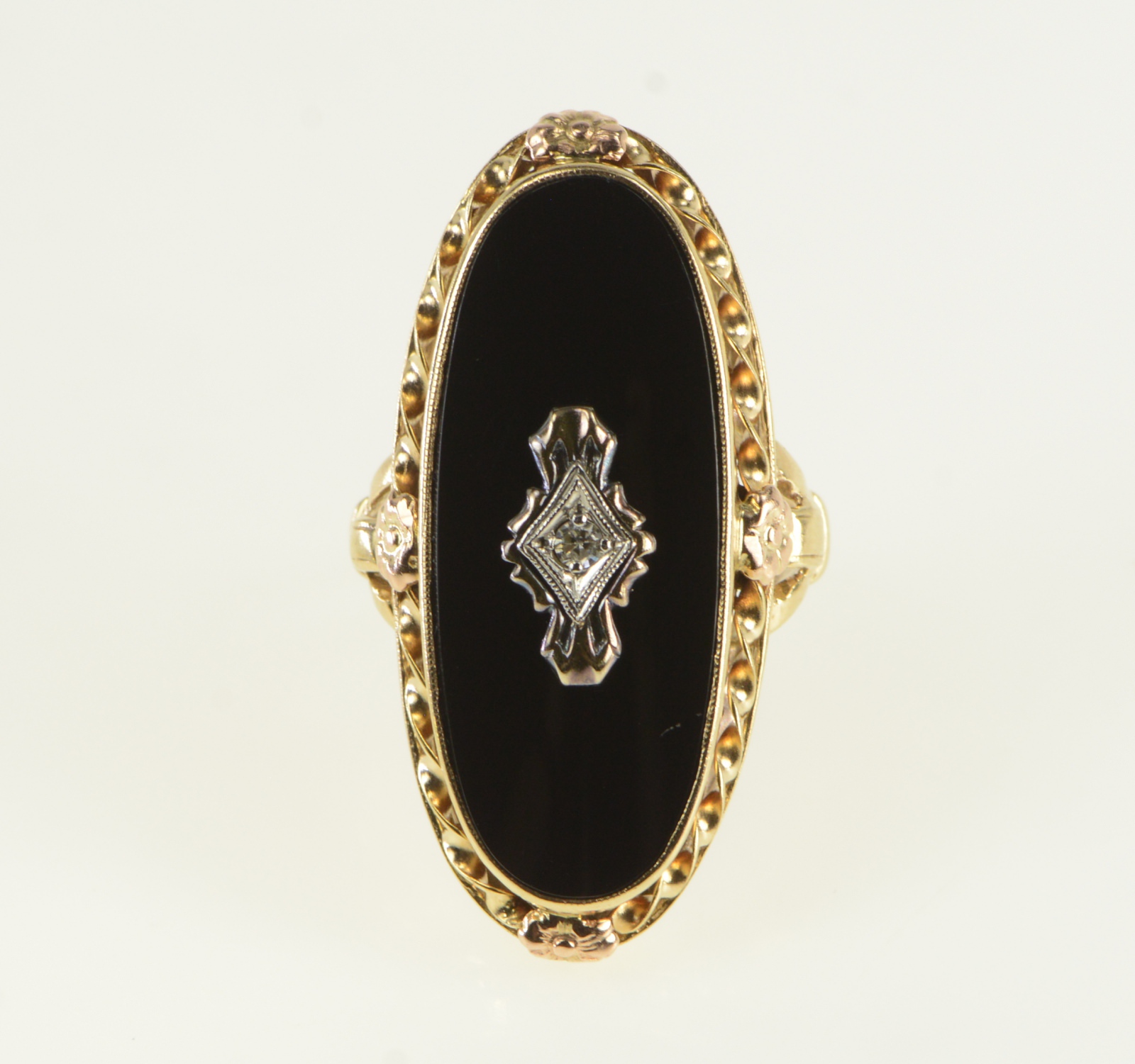 10K Ornate Black Onyx Diamond Statement Yellow Gold Ring, Size 5
