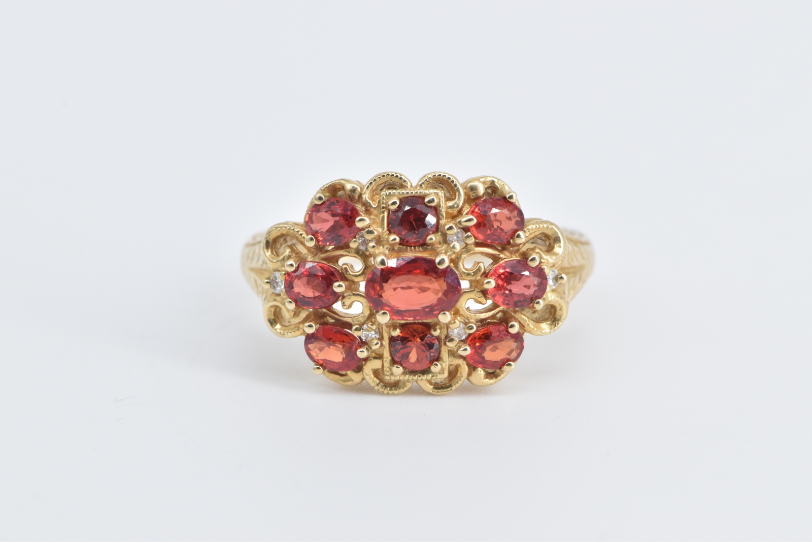 10K Ornate Garnet Diamond Scalloped Statement Yellow Gold Ring, Size 10