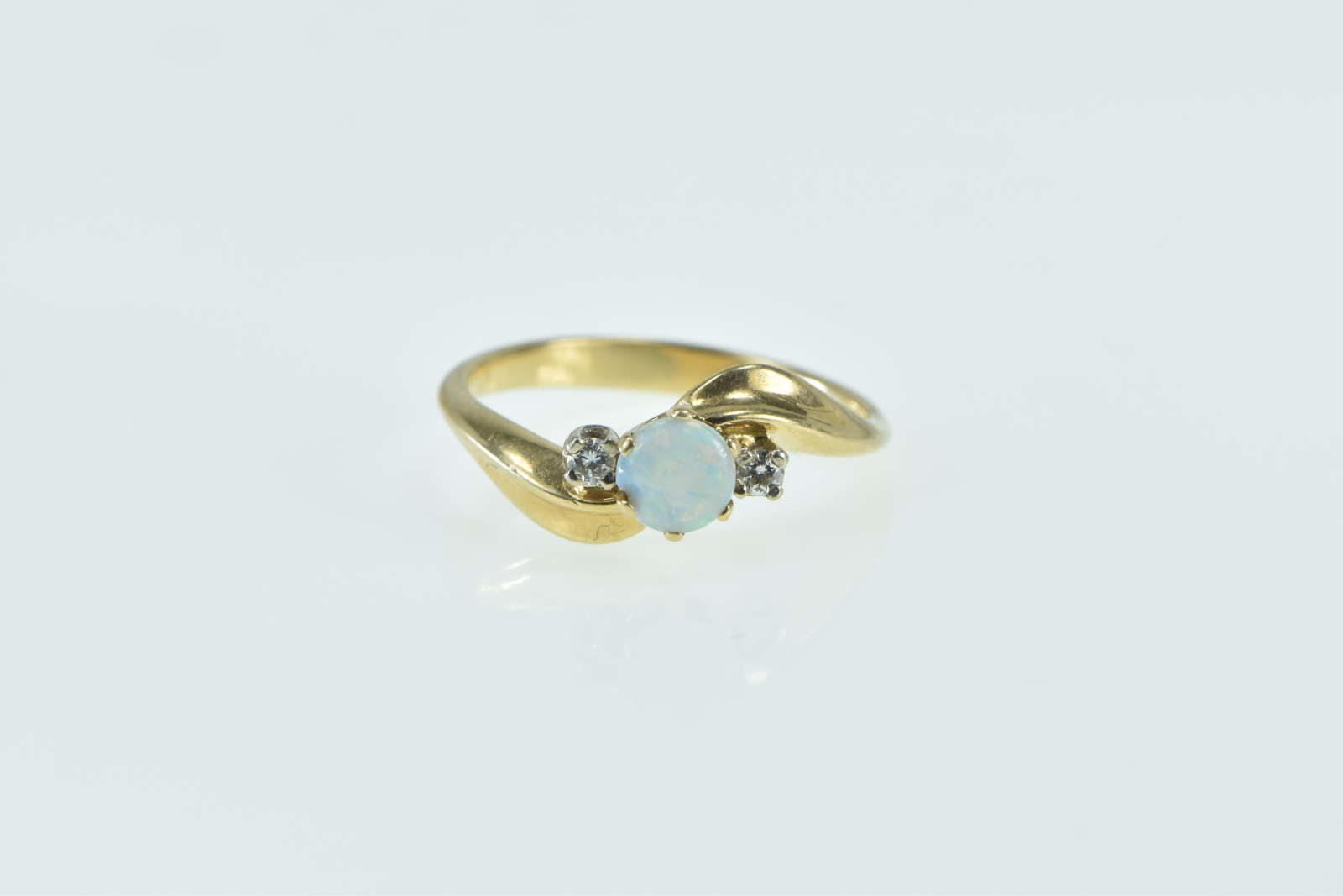 10K Ornate Opal Diamond Vintage Bypass Yellow Gold Ring, Size 5.75