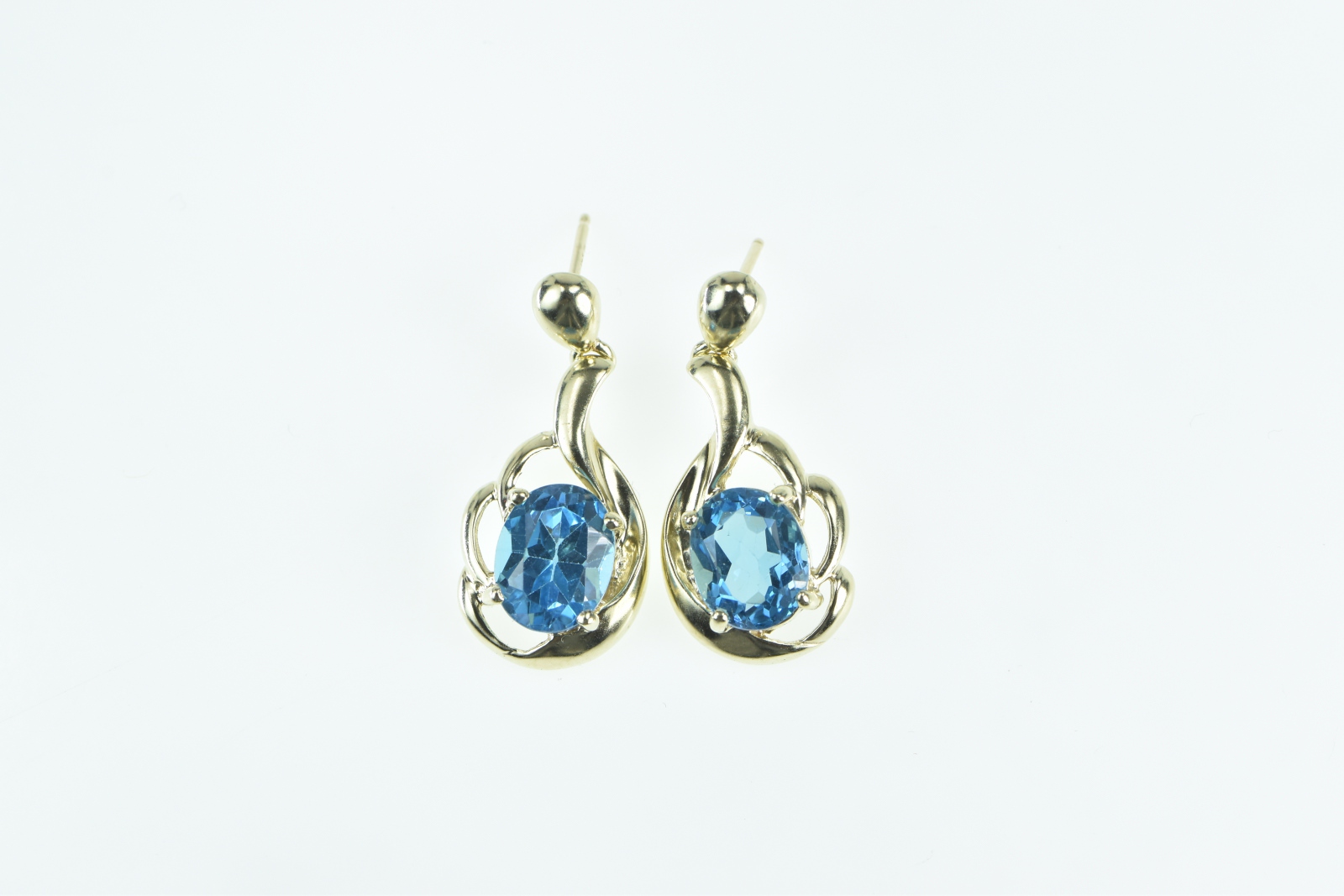 10K Ornate Oval Blue Topaz Vintage Dangle Yellow Gold Earrings